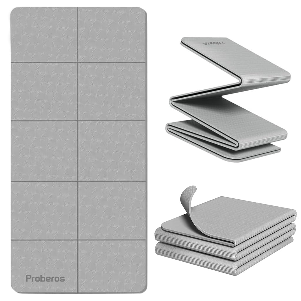 Proberos Portable Folding Yoga Mat with Carry Bag TPE Yoga Mat Anti-slip 5mm Thicken Fitness Yoga Mat for Men Women Pilates Mat for Home Workout, Gym, Travel, 72x24 inches, Grey Proberos Portable Folding Yoga Mat with Carry Bag TPE Yoga Mat Anti-slip 5mm Thicken Fitness Yoga Mat for Men Women Pilates Mat for Home Workout, Gym, Travel, 72x24 inches, Grey